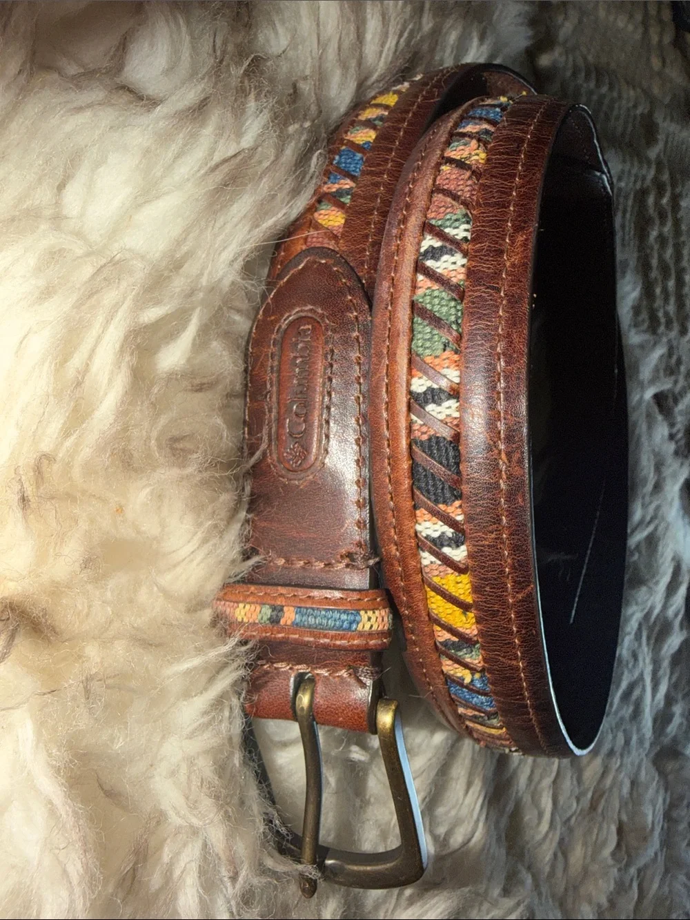 Vintage Columbia oil Brown Leather native Woven Accents golf 38 belt western